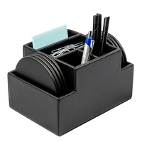 Black Leather 8 Round Coaster Set w/ Multi-Purpose Holder