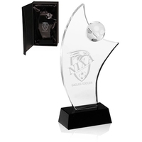 Soccer themed crystal glass award with customizable black base.... from ASI...