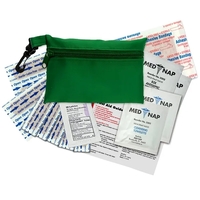 Brightly colored polyester first aid zip bag with hang clip. Convenient,......