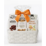 Elegant White Gift Basket with Gourmet Snacks