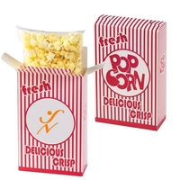 Flavored popcorn inside a closed top popcorn box with red and... from ASI...