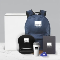 Work-from-home kit with notebook, mouse pad, travel mug, backpack, stress...