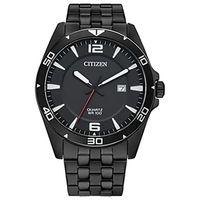 Men's quartz watch with clean black dial, stainless-steel case, and...