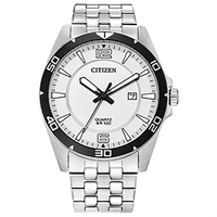 Men's watch featuring a silver-tone stainless-steel case and crisp white...
