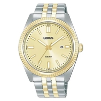 Two-tone gold and stainless steel watch with coin edge bezel available......
