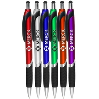 Plastic ballpoint pen with touch screen stylus and rubber grip.... from ASI...
