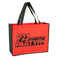 Two-toned 16" x 12" tote bag made of 100% non-woven polypropylene... from ASI...