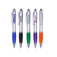 Plastic twist-action pen with stylus, silver barrel, shiny accent trim and......