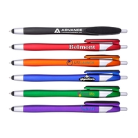 Plastic click-action pen with stylus, metallic colored barrel, chrome accents...