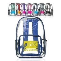 Clear plastic backpack with spacious main compartment, side mesh pockets,...