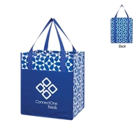 Shopping tote with a geometric pattern mad of nonwoven polypropylene that......
