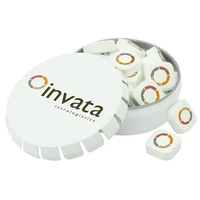 Small, round push-top tin filled with imprinted sugar-free peppermints.......