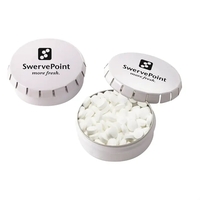 Customizable push top tin filled with 0.7 oz. of sugar-free peppermints.......