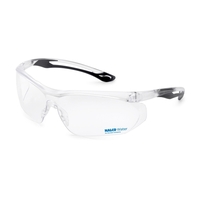 Clear frame, clear anti-fog lens, Paralax safety glass. Printed on lower......