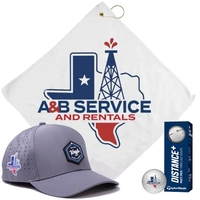 Waggle Origins hat, TaylorMade Distance+ balls, and microfiber towel,...