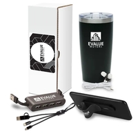 Five-piece gift set with 20 ounce steel drinking tumbler, earbuds, USB......