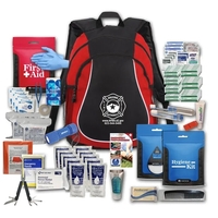 Survival backpack with first aid supplies, food, water, respirator masks,...