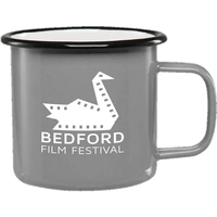 16 oz. mug with enamel-metal composition, white interior and rolled black......