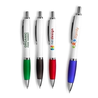 This white barrel pen with a one color imprint is highlighted... from ASI...