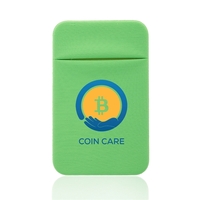 Knit fabric phone wallet that contains a sticker on the back.... from ASI...