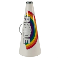 White plastic megaphone with a Pride Rainbow decal on one side.... from ASI...
