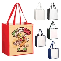 Laminated reusable grocery tote with wide gusset and full color imprint,......