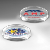 3" x 5" x 3/4" oval-shaped glass paperweight with customization options.......