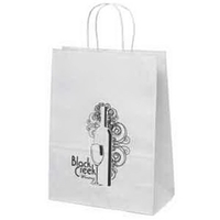 White kraft paper shopper with twisted paper handles and serrated cut... from...