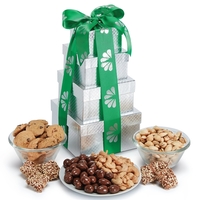 Silver-boxed gift tower featuring English butter toffee, nuts, milk chocolate...