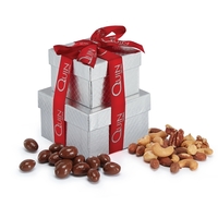 Silver-boxed gift tower featuring milk chocolate almonds and mixed nuts.......