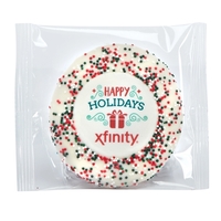 Individually wrapped sugar cookies with holiday colored nonpareil...
