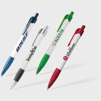 This push-action retractable white barrel ballpoint pen has a clean white......
