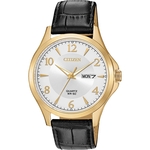 Men's Quartz Watch, Black Leather Strap with Silver Dial