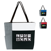 Tote bag with zippered large compartment, color block accents, side...