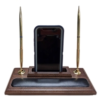 Walnut and Leather Pen Stand with Cell Phone Holder