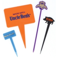 4" x 3/4" plastic food and cocktail picks in custom shapes.... from ASI 59683...