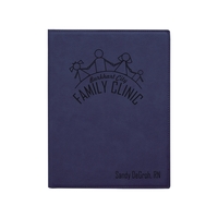 7" x 9" blue and black PU leatherette portfolio with writing... from ASI...