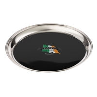 14" round silver stainless steel tray with non-skin black vinyl coating.......