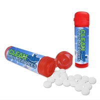 Translucent, lightweight red tube holding approximately 50 sugar-free...