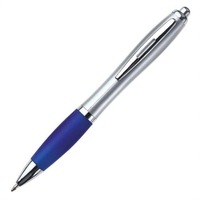 Silver click-action ballpoint pen with chrome trim and colored comfort...