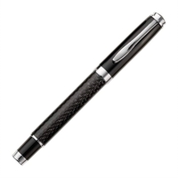 Metal rollerball pen with chrome trim and carbon fiber barrel.... from ASI...