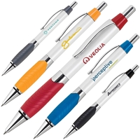 Click action aluminum ballpoint pen with red grip and silver accents.... from...
