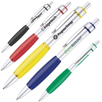 Click action aluminum ballpoint pen with black soft rubber grip.... from ASI...