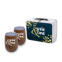 Retro Lunchbox + Double 10oz Stemless Wood Tone Wine Glass