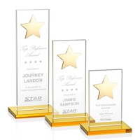 This illustrious Starfire Crystal award stands upright on an elegant Amber......