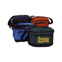 Polyester insulated cooler with front zipper pocket and back mesh pocket.......