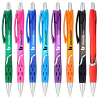 Plastic plunger-action ballpoint pen with translucent colored barrel and...