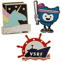 Custom die struck metal pins in assorted sizes and enamel colors... from ASI...