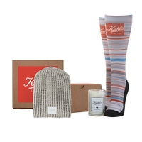 7" cardboard giftbox featuring a knit beanie, socks, and scented candle.......