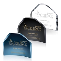 Striking freestanding crescent award with intersecting bevels creating a...